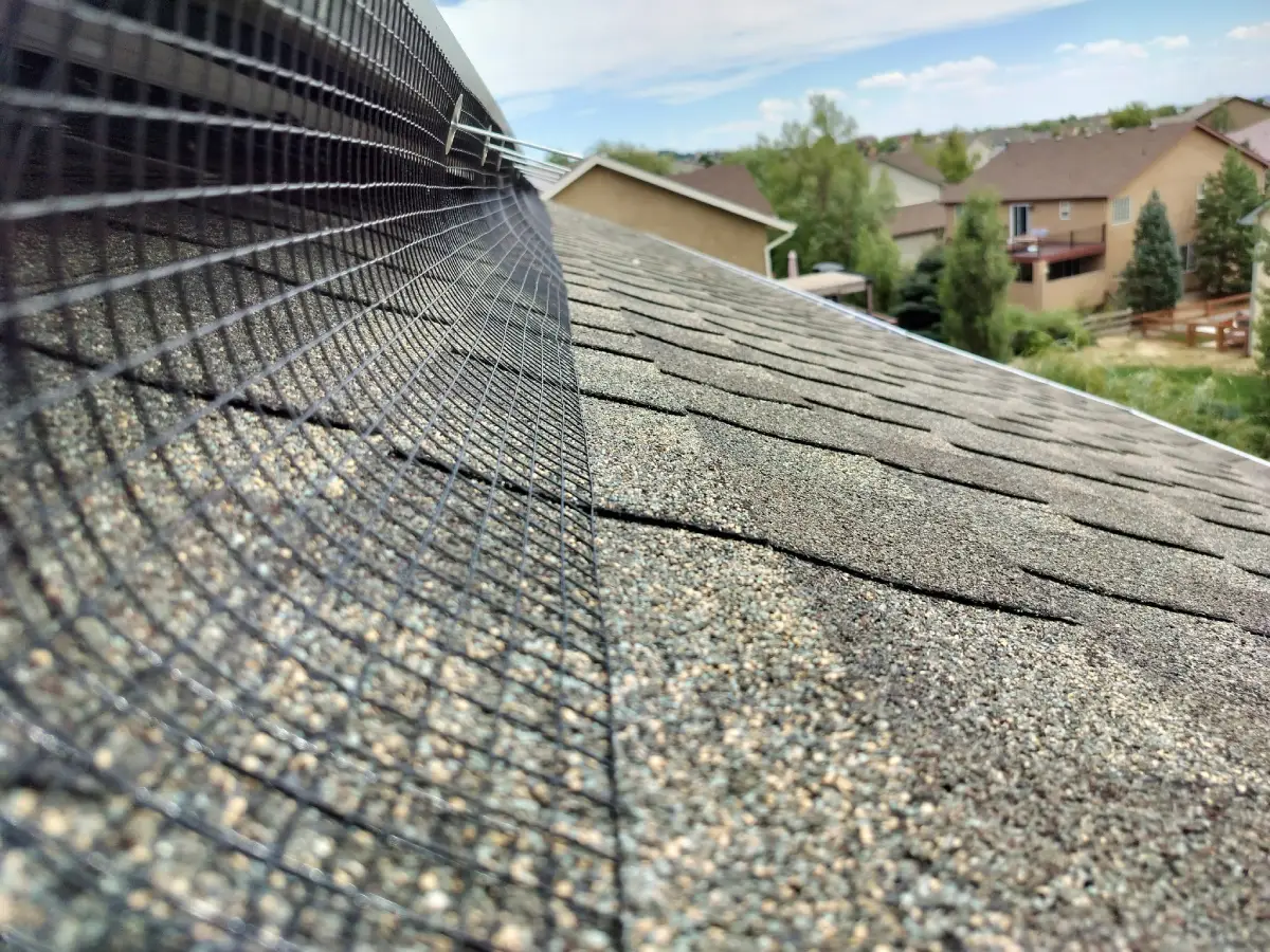 Close-up view of a shingled roof with a black mesh guard installed along the edge, with houses and trees in the background under a blue sky.
