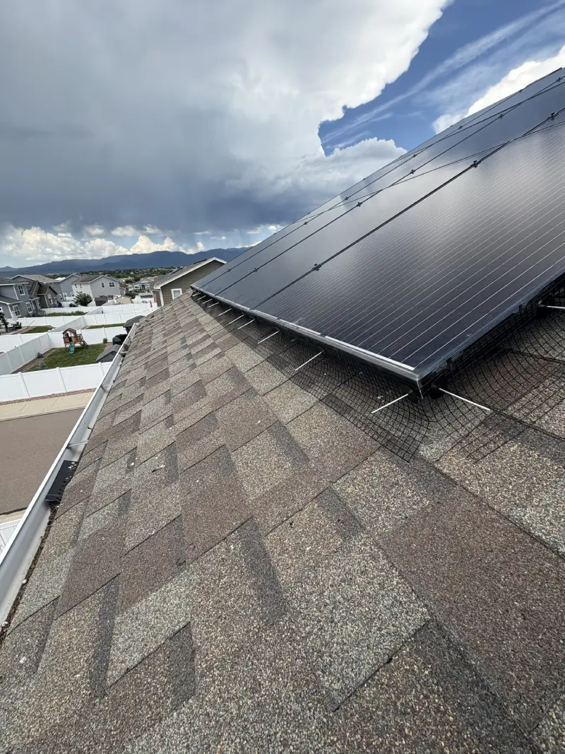 Close-up of solar panels installed on a shingled roof with a cloudy sky and suburban houses in the background.